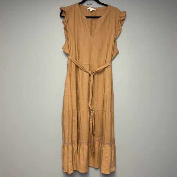 Adyson Parker Tan Linen Blend Cottagecore Drop Waist Belted Midi Dress Sz 2X - Picture 1 of 7